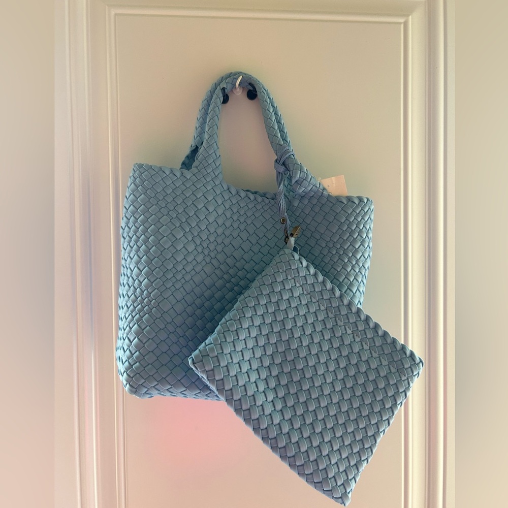 Chinese Brand Women’s Powder blue soft PU Woven bag